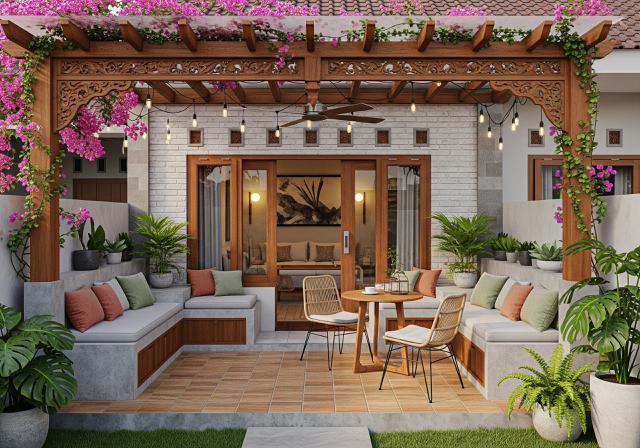 Teras Multifungsi dengan Pergola dan Built-in Seating/Desain Rumah Kecil tapi Punya Teras Lega yang Cozy untuk Santai (Sumber: gemini.com)