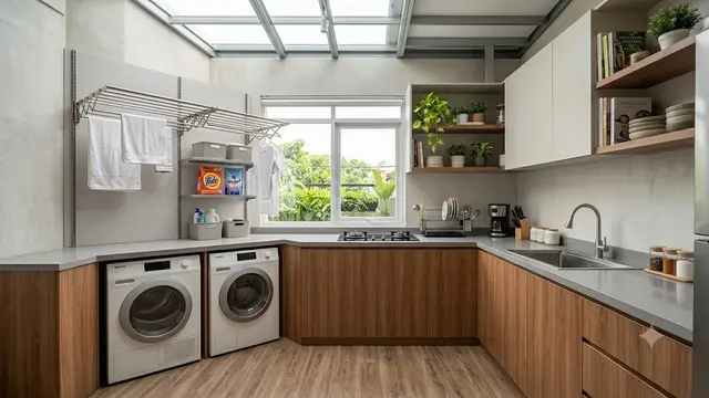 Dapur Kecil Baja Ringan Menyatu dengan Area Cuci Jemur