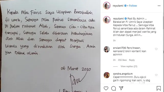 Unggahan surat ucapan selamat ulang tahun dari Rey Utami untuk Fairuz A Rafiq