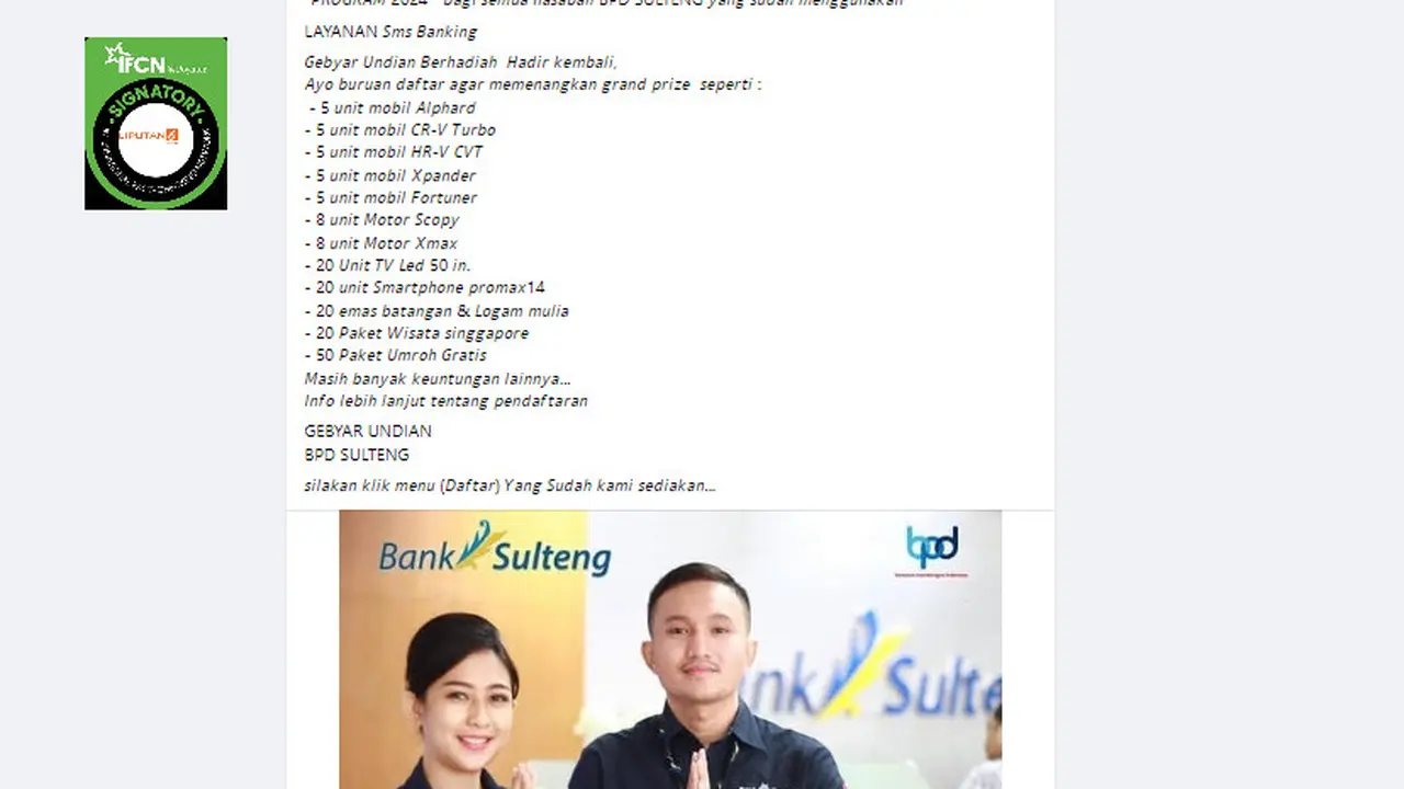 Tangkapan layar informasi gebyar undian berhadiah dari BPD Sulteng