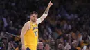 Pemain Los Angeles Lakers, Luka Doncic melakukan selebrasi setelah mencetak poin dalam laga lajutan NBA melawan Utah Jazz di Crypto.com Arena, Los Angeles, California pada Selasa (11/02/2025) WIB. (AP Photo/Mark J. Terrill)
