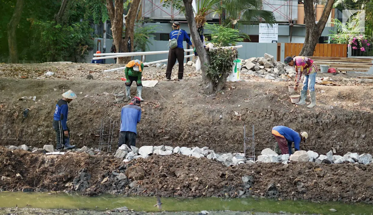 Pekerja menyelesaikan pembuatan turap bermaterialkan ban bekas di Kali Karang Bolong, Ancol, Jakarta, Rabu (4/9/2019). Suku Dinas Sumber Daya Air (SDA) menggunakan 2.400 ban bekas truk sampah sebagai turap dalam program naturalisasi di sepanjang 400 meter. (Liputan6.com/Immanuel Antonius)