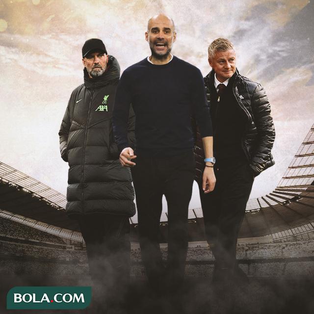 Ilustrasi - Pep Guardiola Dikelilingi Jurgen Klopp dan Ole Gunnar Solskjaer