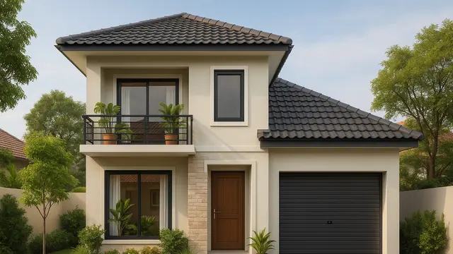 Desain Rumah Sederhana 7x12 dengan Taman Mini dan Garasi/Ilustrasi gambar oleh AI