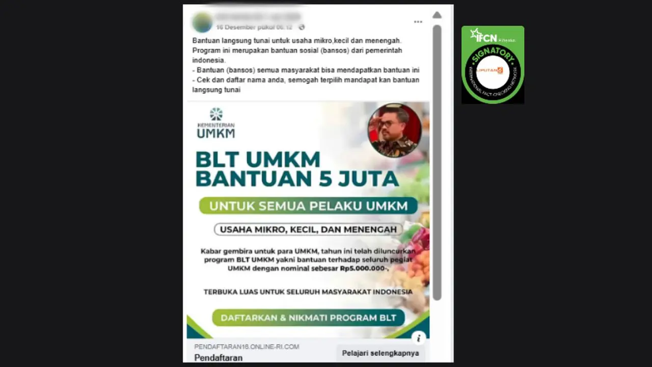 Tangkapan layar klaim link pendaftaran untuk mendapatkan BLT UMKM sebesar Rp 5 juta yang beredar di Facebook.