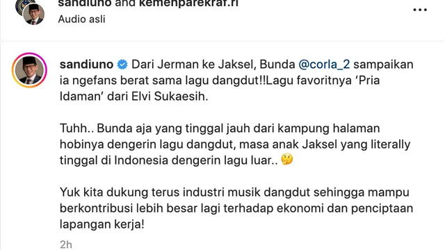 Unggahan Sandiaga Uno soal Bunda Corla. (Foto: Dok. Instagram @sandiuno)