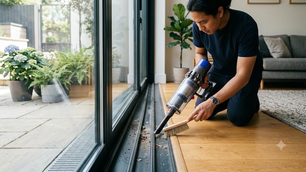 Membersihkan Sela-Sela Pintu Geser
