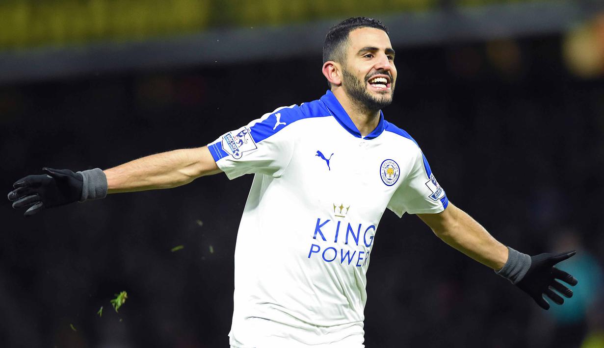 Gelandang Leicester City asal Algeria, Riyad Mahrez menjadi satu-satunya pencetak gol saat timnya menglahkan Watford pada lanjutan Liga Inggris pekan ke-29. (AFP/Olly Greenwood)