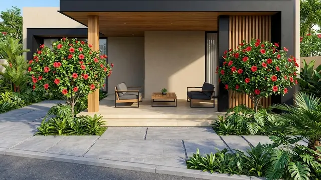 Teras Modern Kontemporer dengan Kembang Sepatu