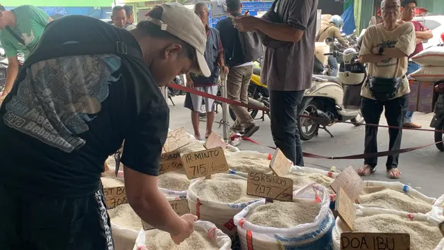 Pembeli sedang mengecek kualitas beras di kawasan Pasar Induk Cipinang.
