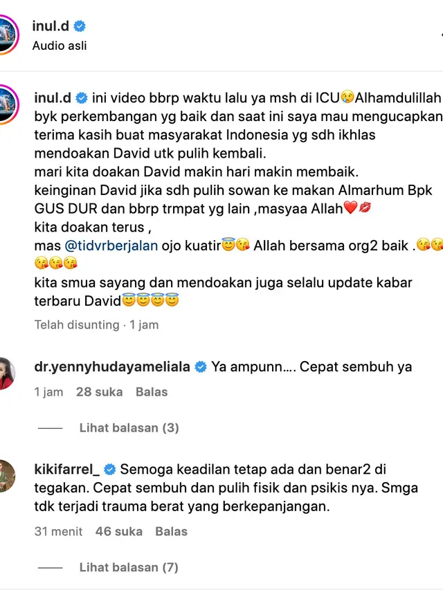 Unggahan Inul Daratista soal David Ozora. (Foto: Dok. Instagram @inul.d)