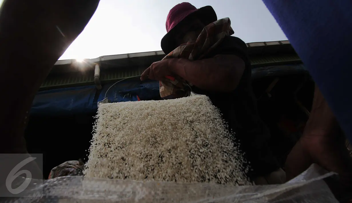 Dua pekerja memasukkan beras ke dalam karung di Pasar Induk Cipinang, Jakarta, Selasa (5/1/2016). Pasokan dan harga beras di Pasar Induk Cipinang pada awal 2016 masih stabil. Stok beras di gudang saat ini sekitar 40 ribu ton. (Liputan6.com/Angga Yuniar)