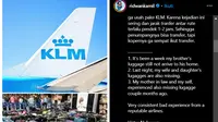 Tangkapan layar unggahan Ridwan Kamil di Instagram yang keluhkan pelayanan KLM soal bagasi yang buruk dan tak pernah sampai tepat waktu. (dok. Instagram @ridwankamil/https://www.instagram.com/reel/C8qDRxJSzTk/?utm_source=ig_web_copy_link/Rusmia Nely)