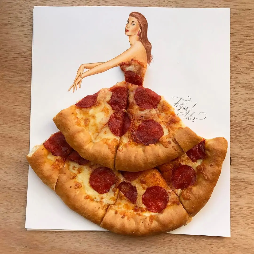 Enaknya sih pizzanya dimakan ya, tapi ternyata unik banget gaun rancangan dengan motif polkadot dari daging pizza. (sumber foto: @edgar_artis/instagram)