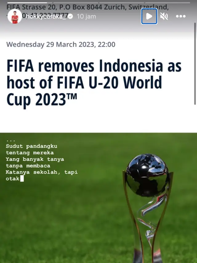Unggahan Hokky Caraka soal Indonesia gagal jadi tuan rumah Piala Dunia U-20. (Foto: Dok. Instagram @hokkycaraka_)
