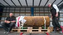 Pakar bom Rene Bennert dan Dieter Schweizler melihat Perang Dunia II di Frankfurt, Jerman, (3/9). Bom tersebut ditemukan di sebuah lokasi konstruksi yang dekat dengan kompleks Goethe University Frankfurt. (AFP Photo/Thomas Lohnes)