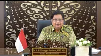 Menteri Koordinator Bidang Perekonomian Airlangga Hartarto dalam keynote speech yang disampaikan pada webinar Virtual Expo Maritime Indonesia (VEMI) 2021, Kamis (29/10/2021).
