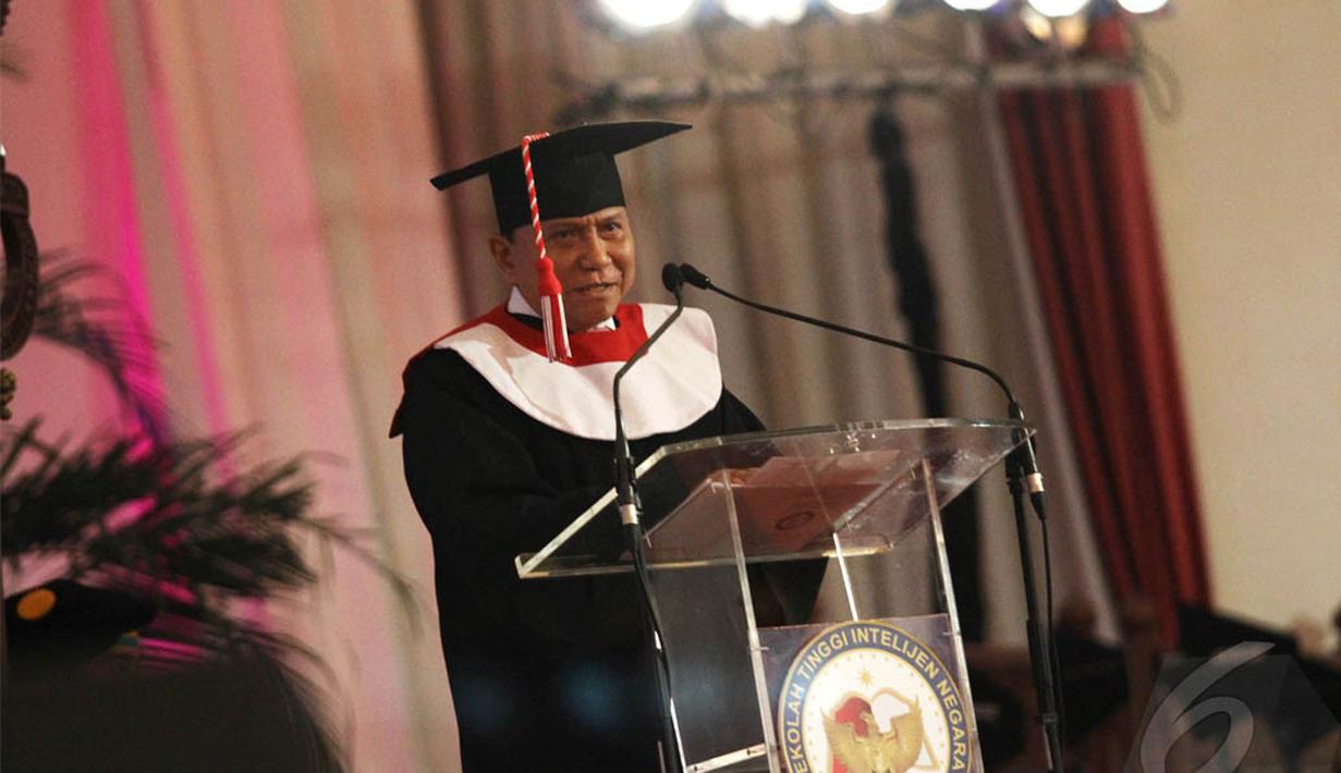 Dalam orasinya, Hendro menjelaskan hakikat intelijen ada pada tindakan yang cepat dan tepat. Bukan pasca kejadian layaknya penegakan hukum, Balai Sudirman, Jakarta, Rabu (7/5/2014) (Liputan6.com/Faizal Fanani).