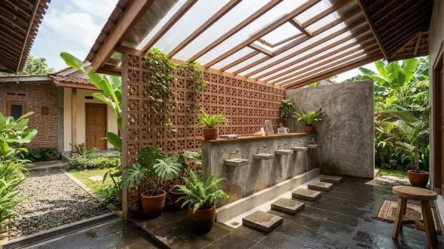 Desain Tempat Wudhu Rumah dengan Dinding Roster/AI Generated