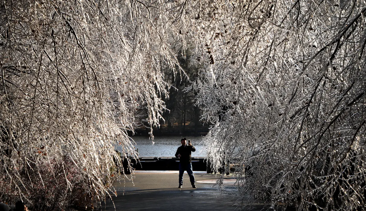 Seorang pria mengambil foto pohon beku saat badai musim dingin di West Orange, New Jersey (18/12/2019). Sejumlah orang menantang hawa dingin untuk berfoto dan menikmati pemandangan di The Waterfront at South Mountain Recreation Complex. (Rick Loomis/Getty Images/AFP)