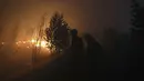 Petugas pemadam kebakaran berusaha memadamkan kebakaran hutan di daerah Rio Maior di Portugal, Rabu (17/8/2022). Namun, para pejabat memperingatkan perkiraan gelombang panas baru untuk daerah tersebut dapat memperumit tugas tersebut. (AP Photo/Joao Henriques)