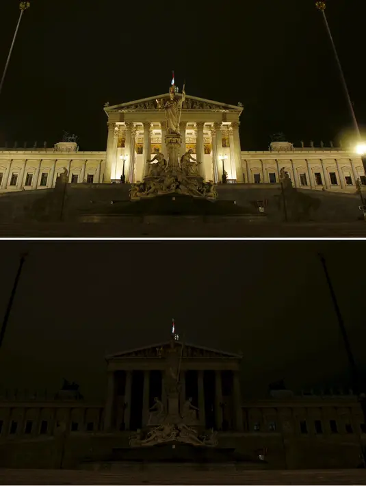 Foto kombinasi dari Parlemen Austria sebelum dan saat memperingati Earth Hour di Wina, Austria (19/3/2016). (Reuters / Heinz-Peter Bader)