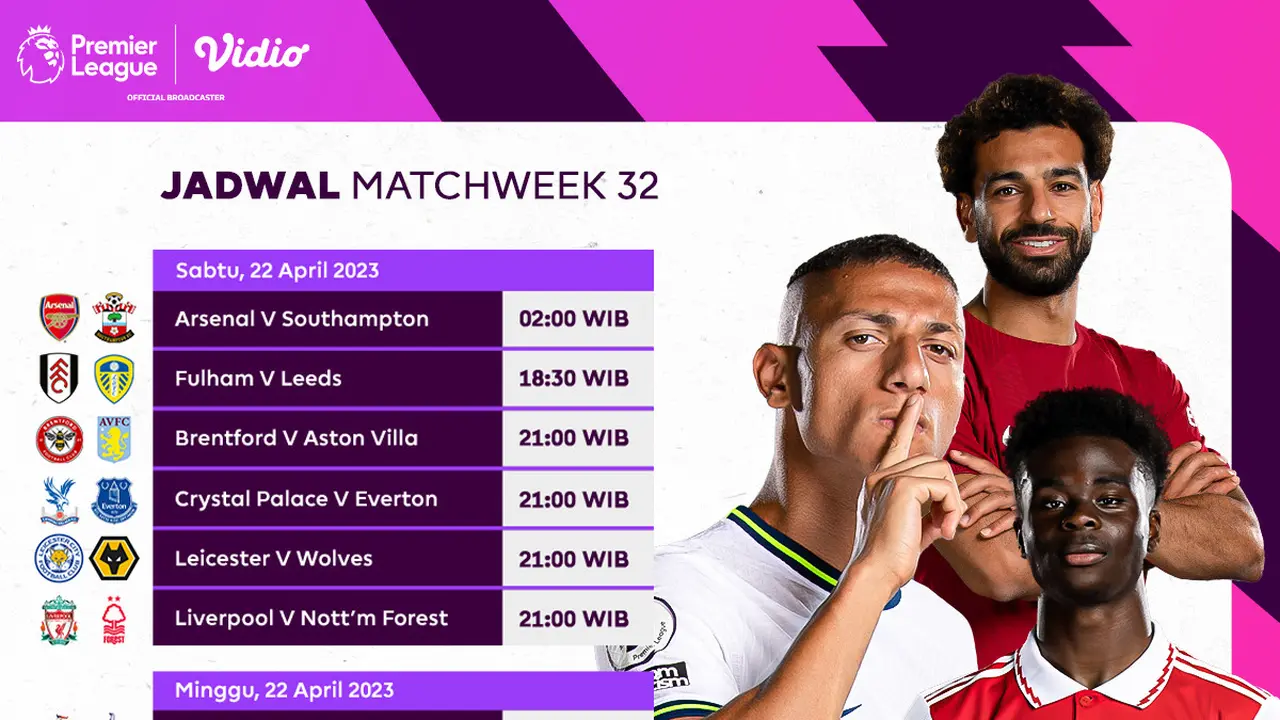 Daftar Pertandingan Liga Inggris 2022/2023 Matchweek 32 di Vidio, 22 & 23 April 2023