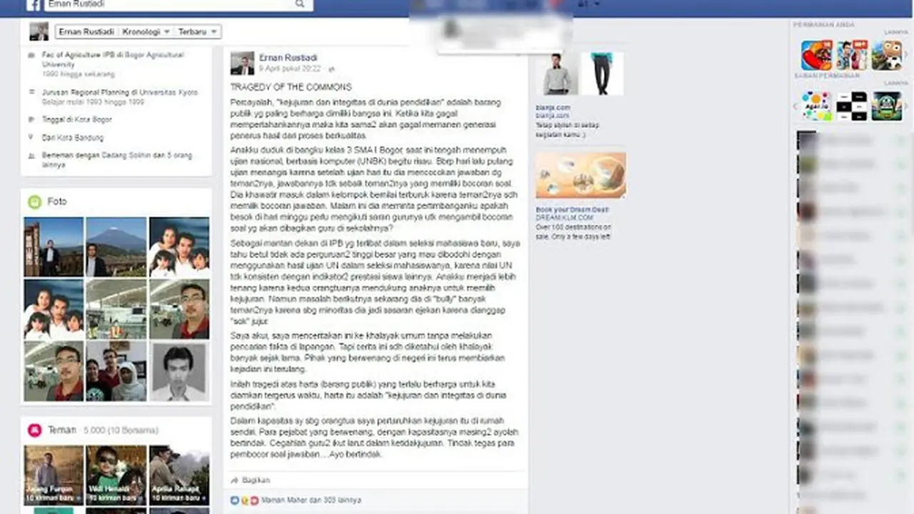 Anak Menangis Usai UN, Mantan Dekan IPB Curhat di Facebook