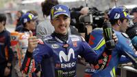 Pembalap Movistar Yamaha, Maverick Vinales akan memulai balapan MotoGP Austin 2018 di Circuit of the Americas (COTA) dari posisi terdepan. (AP Photo/Eric Gay)