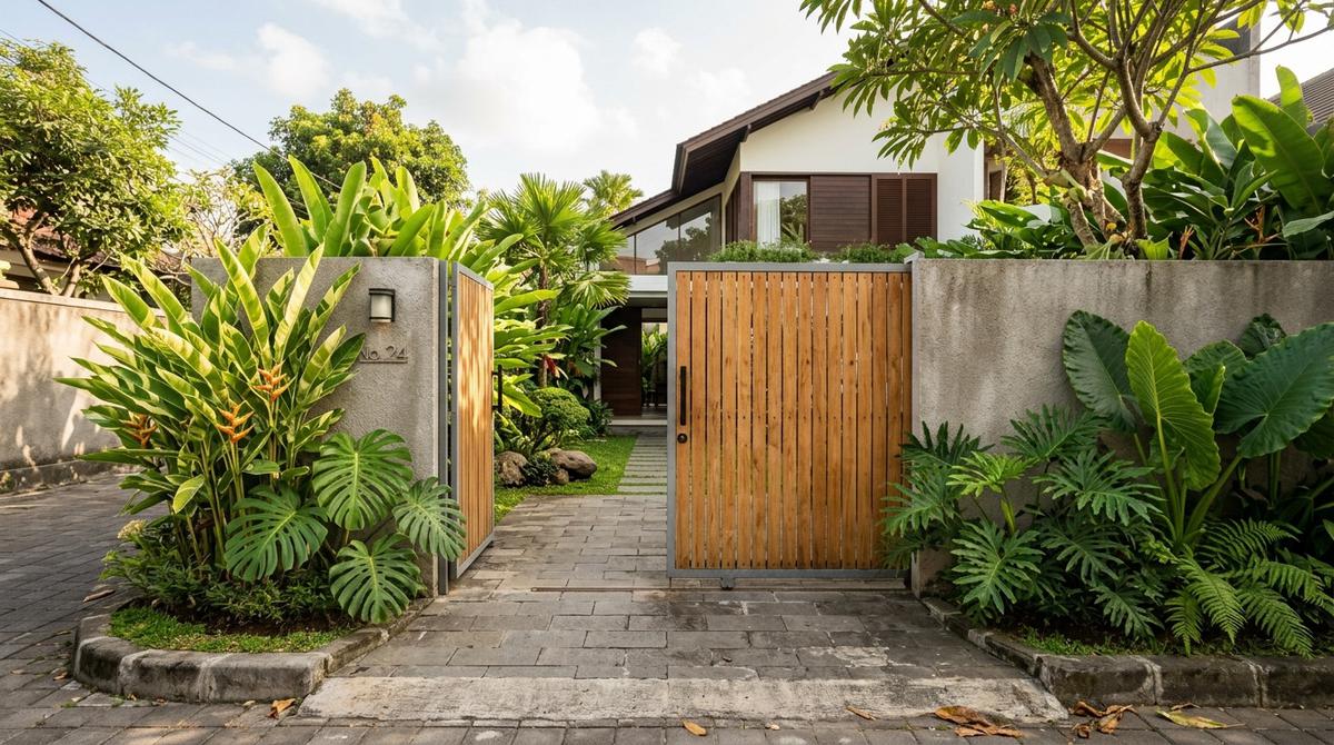 Model Pintu Gerbang Rumah dengan Tanaman Hijau (AI Generated)