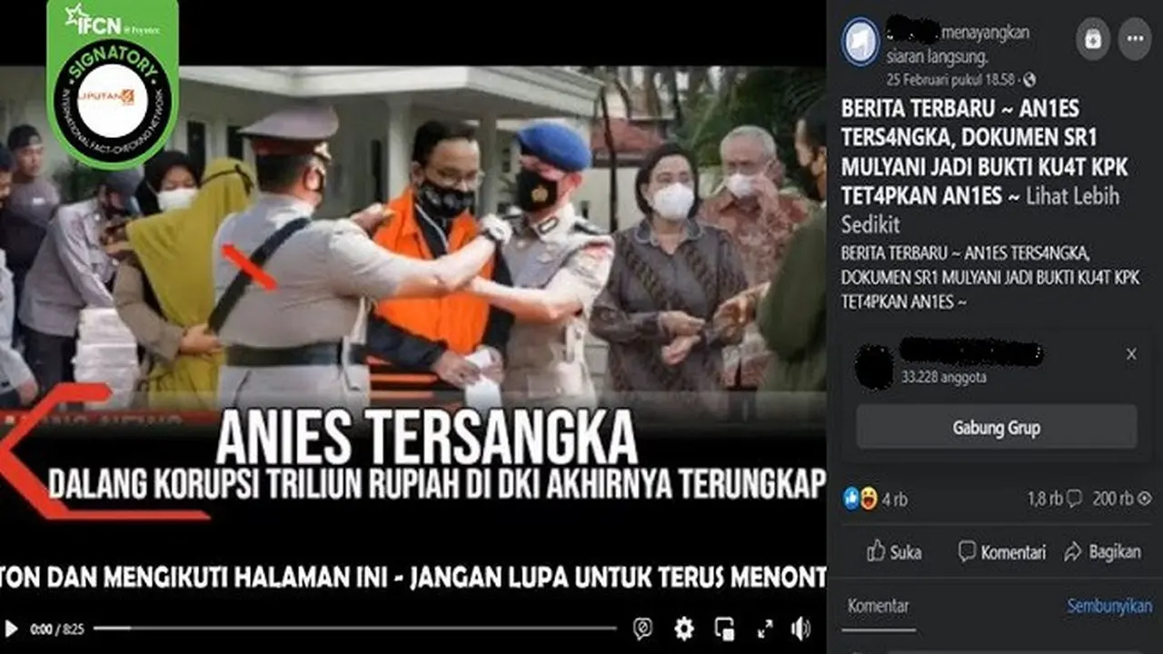 Gambar Tangkapan Layar Kabar Hoaks Anies Baswedan Jadi Tersangka Korupsi Triliunan Rupiah di DKI Jakarta (sumber: Facebook).