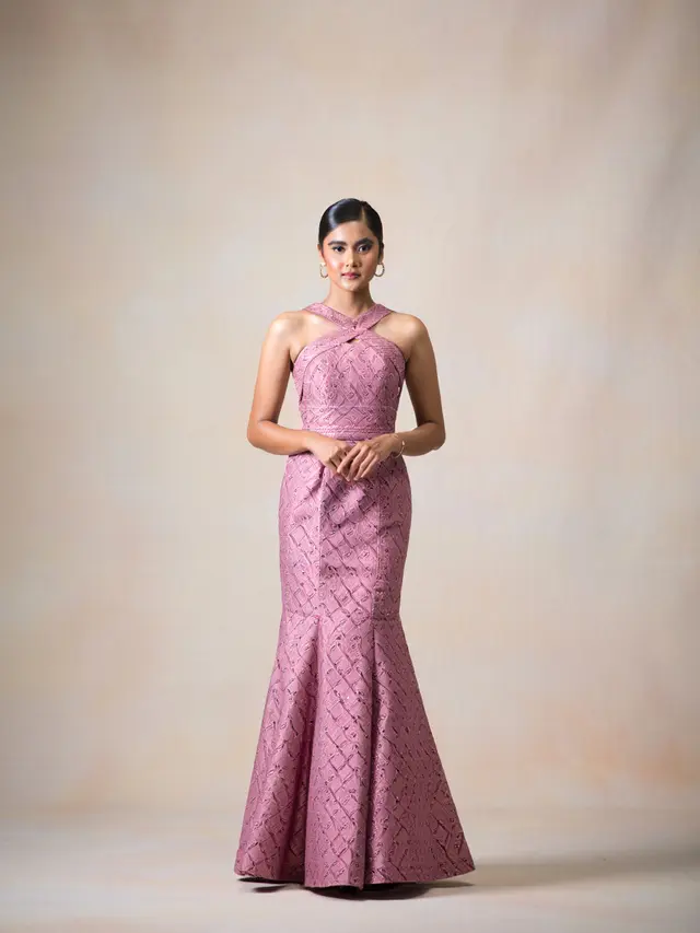 Model Dress Batik Brokat Warna Dusty Pink