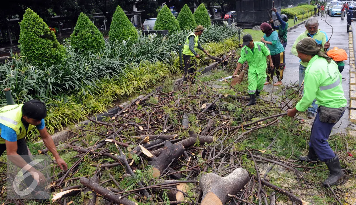 Sejumlah petugas membersihkan batang pohon yang tumbang di jalan Jenderal Sudirman, Jakarta, Senin (1/2). Pohon tumbang yang terjadi saat hujan deras mengakibatkan kemacetan panjang dikawasan tersebut. (Liputan6.com/Helmi Afandi)