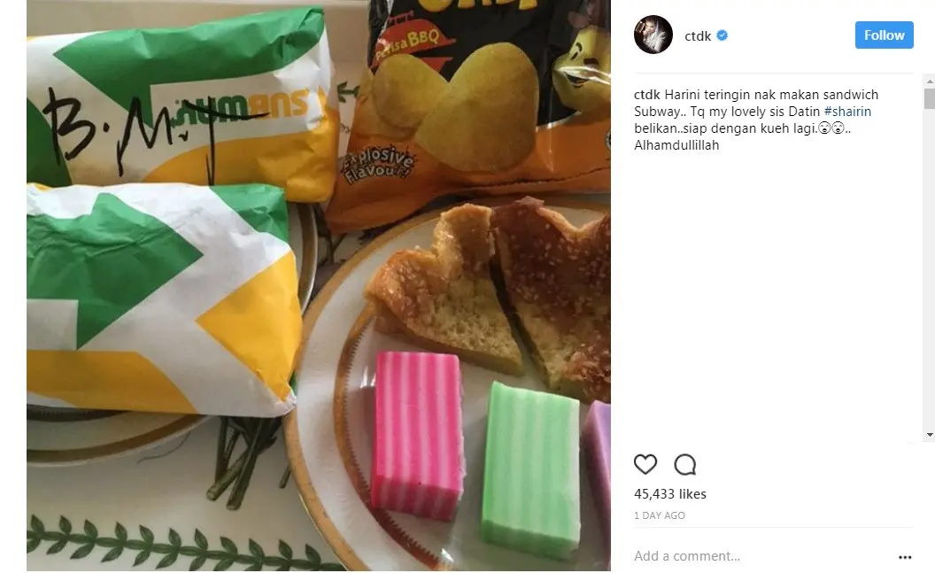 Siti Nurhaliza masih ngidam makan junk food (Foto: Instagram)