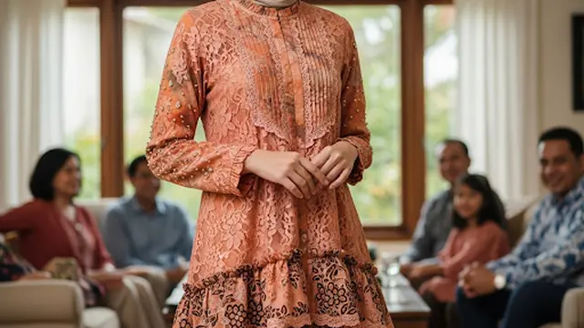 Tunik Lace Batik dengan Detail Pleats dan Ruffle