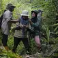 Anggota kelompok patroli hutan perempuan menandai posisinya di perangkat GPS saat patroli hutan di Damaran Baru, Provinsi Aceh, Selasa, 7 Mei 2024. (dok. AP Photo/Dita Alangkara)