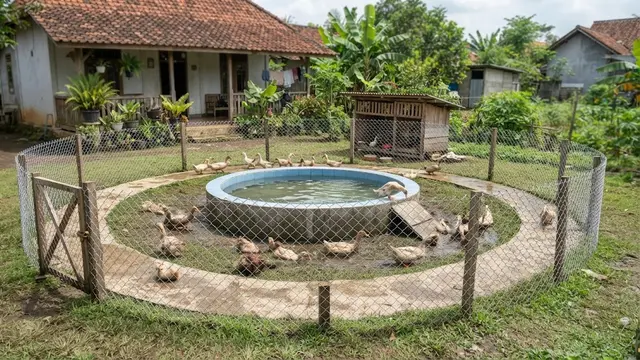 Model kandang bebek dengan area air mini yang bikin sehat dan produktif bertelur desain lingkaran minimalis kolam tengah
