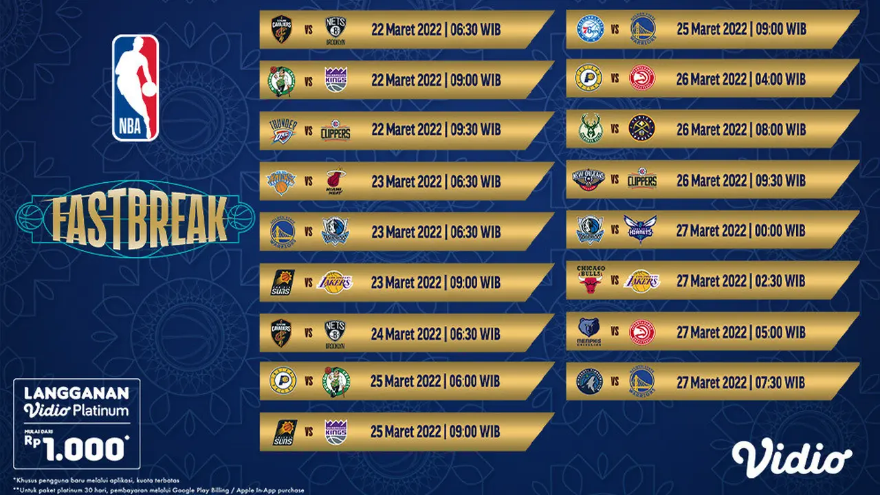Jadwal dan Live Streaming NBA 2022/2023 Week 22 di Vidio, 22-27 Maret 2023