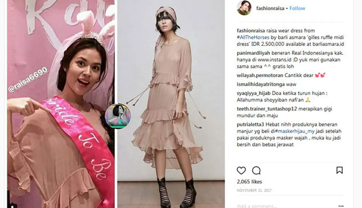 Ingat waktu Raisa menggelar Bridal Shower sebelum menikah, kan? Nah, penampilannya sungguh memesona, dan ini dia dress yang dipakai di momen bahagianya itu. Dan harga dress itu mencapai Rp 2.500.000. (Instagram/fashionraisa)