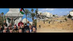 Foto kombinasi yang dibuat pada 23 September 2024 ini menunjukkan para demonstran Palestina yang menghadiri protes terhadap pemukim Yahudi yang menggusur keluarga-keluarga Palestina di distrik Sheikh Jarrah, Yerusalem, di Alun-alun Tentara Tak Dikenal di Kota Gaza, 16 Februari 2022 (foto kiri) dan alun-alun yang dihancurkan pada 22 September 2024 di tengah-tengah perang yang tengah berlangsung di wilayah Palestina antara Israel dan Hamas. (MOHAMMED ABED dan Omar AL-QATTAA/AFP)