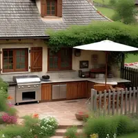 Model rumah sederhana di desa dengan dapur terpisah yang nyaman dan fungsional (Sumber Gambar: Meta AI)