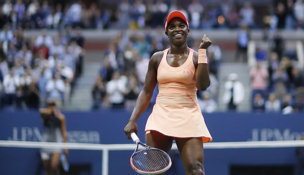 Ekspresi Sloane Stephens setelah menang atas Madison Keys pada final AS Terbuka 2017  di Arthur Ashe Stadium, New York, (9/9/2017). Stephens menang atas Madison Keys 6-3, 6-0. (AP/Andres Kudacki)