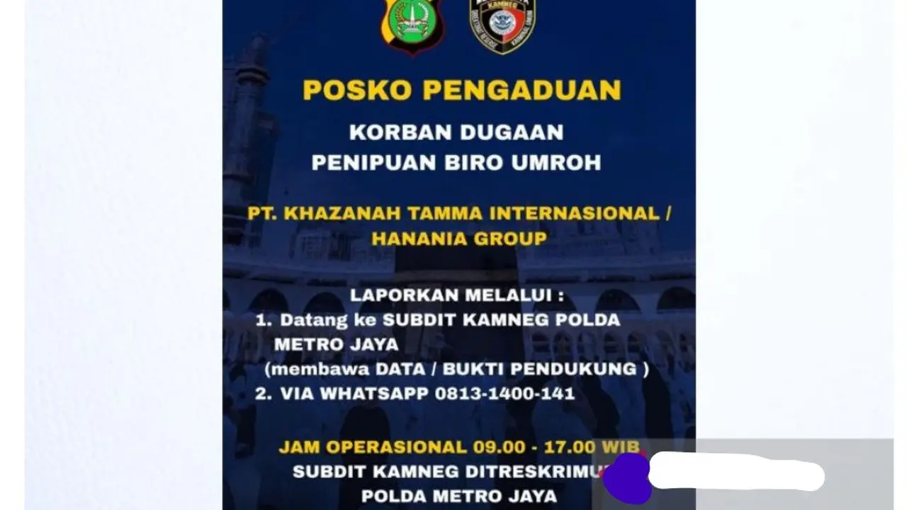 Pemberitahuan dari akun Instagram resmi Polda Metro Jaya terkait Posko Pengaduan bagi korban dugaan penipuan biro perjalanan umrah PT Khazanah Tamma Internasional atau Hanania Group.