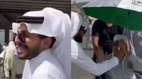 Pemuda asal Arab yang tak diketahui namanya tersebut menyedekahkan satu truk payung untuk diberikan ke jemaah haji. (Dok: TikTok @Yukhaji)