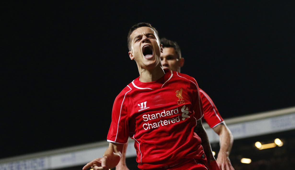 Selebrasi Philippe Coutinho usai mencetak gol bagi klubnya