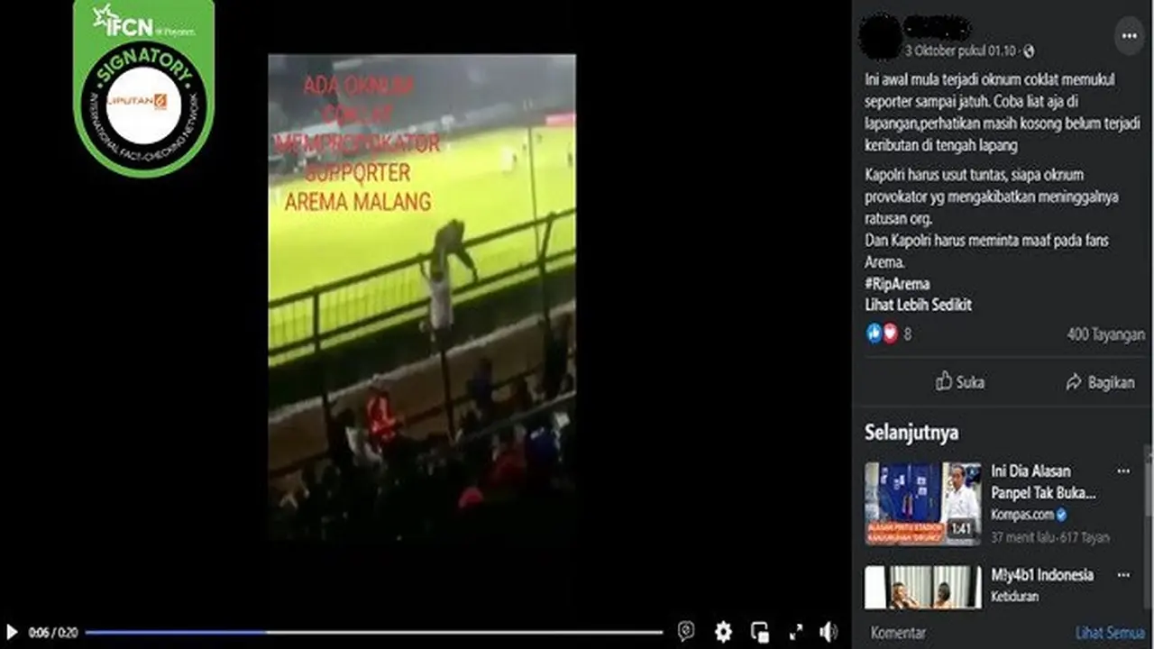Gambar Tangkapan Layar Video Pemukulan Terhadap Suporter Aremania yang Diklaim Jadi Penyebab Tragedi Kanjuruhan (sumber: Facebook).