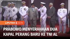 Menteri Pertahanan Prabowo Subianto menyerahkan dua kapal perang baru ke TNI Angkatan Laut di Markas Komando Armada II, Surabaya, Jawa Timur. Pemberian dua kapal perang untuk memperkuat keamanan NKRI khususnya mengamankan sejumlah pulau terluar di In...