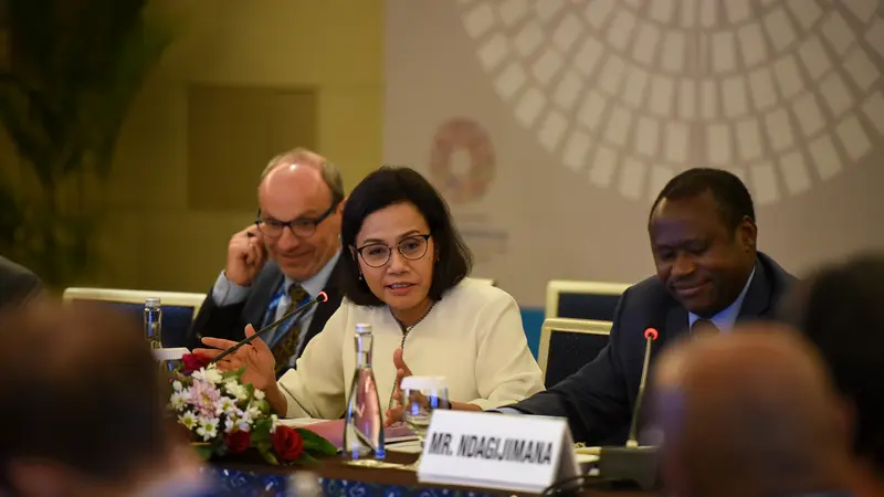 Sri Mulyani pada rangkaian Pertemuan Tahunan IMF-Bank Dunia 2018 di Bali