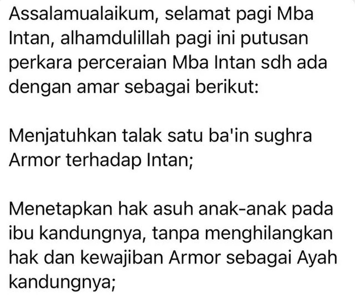 Cut Intan Nabila dan Armor Toreador Resmi Cerai, Hak Asuh Anak Diberikan ke Ibu Kandung