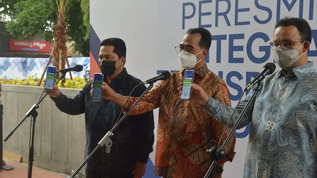 Peresmian Integrasi Transportasi Jabodetabek secara daring dihadiri Menteri BUMN Erick Thohir, Menteri Perhubungan Budi Karya Sumadi, dan Gubernur Provinsi DKI Jakarta  Anies Baswedan. (Dok Kemehub)